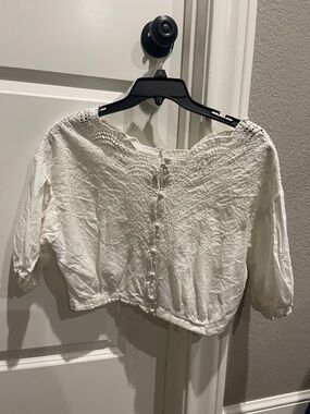 White Embroidered Peasant Crop Top